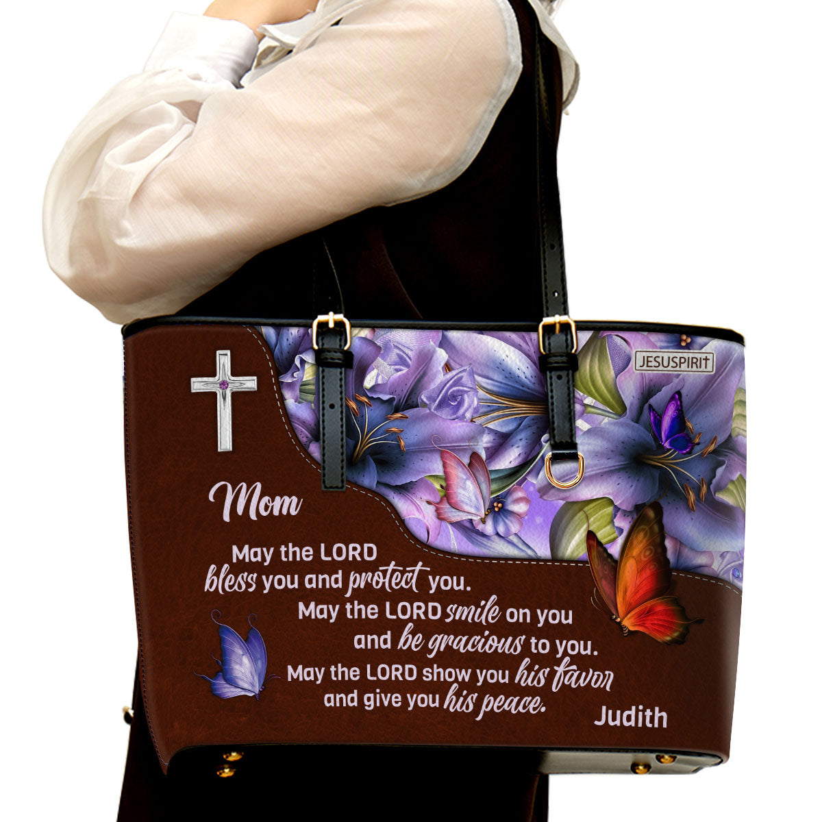 May The Lord Smile On You And Be Gracious To You - Sweet Personalized Large Leather Tote Bag For Mom NUHN363