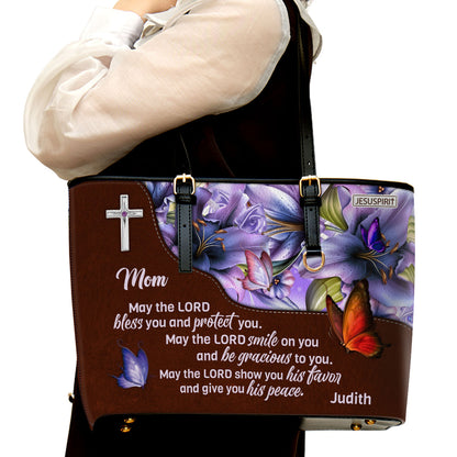 May The Lord Smile On You And Be Gracious To You - Sweet Personalized Large Leather Tote Bag For Mom NUHN363