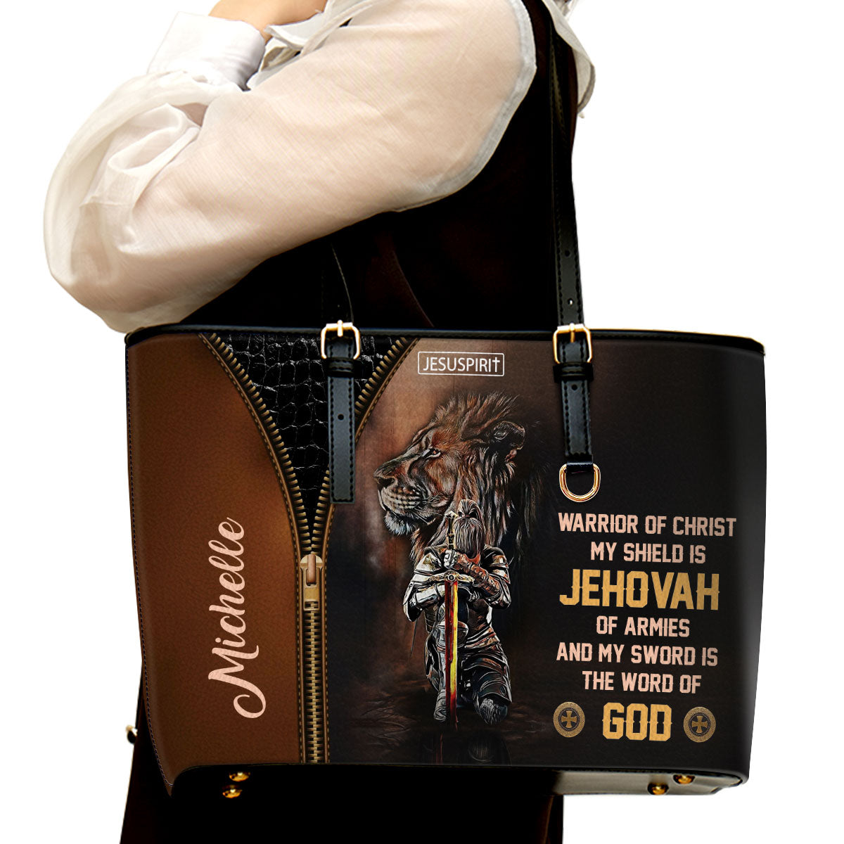 Special Personalized Large Leather Tote Bag - My Shield Is Jehovah Of Armies NUM396
