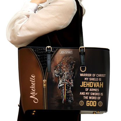 Special Personalized Large Leather Tote Bag - My Shield Is Jehovah Of Armies NUM396