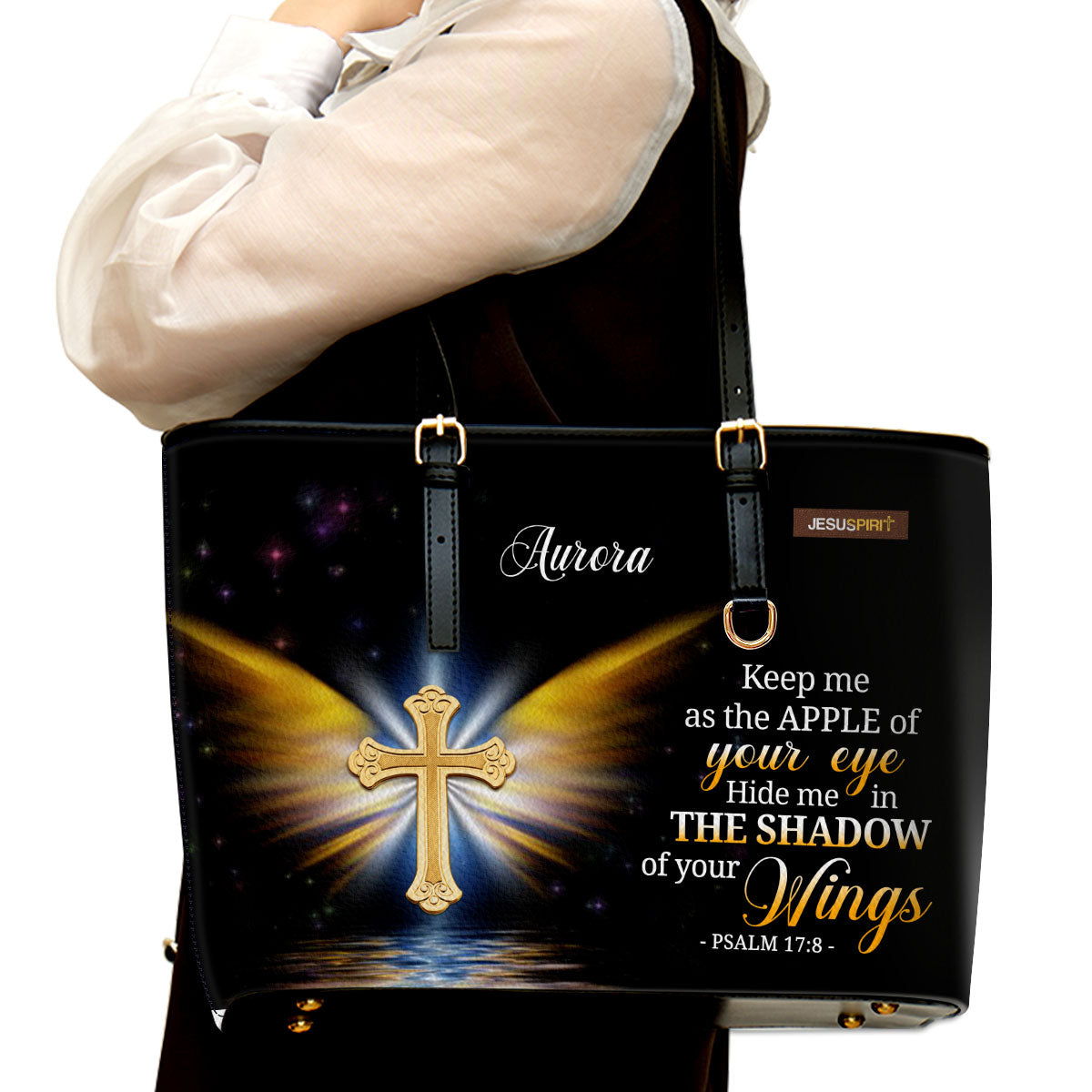 Jesuspirit | Hide Me In The Shadow Of Your Wings | Psalm 17:8 | Christ Gifts For Religious Women Personalized Large Leather Tote Bag With Long Strap LLTBH779