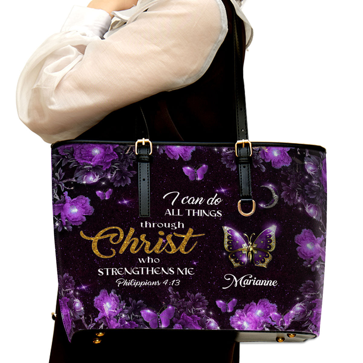 Jesuspirit | I Can Do All Things Through Christ | Philippians 4:13 | Religious Gifts For Christian Women | Personalized Large Leather Tote Bag With Long Strap NM143D
