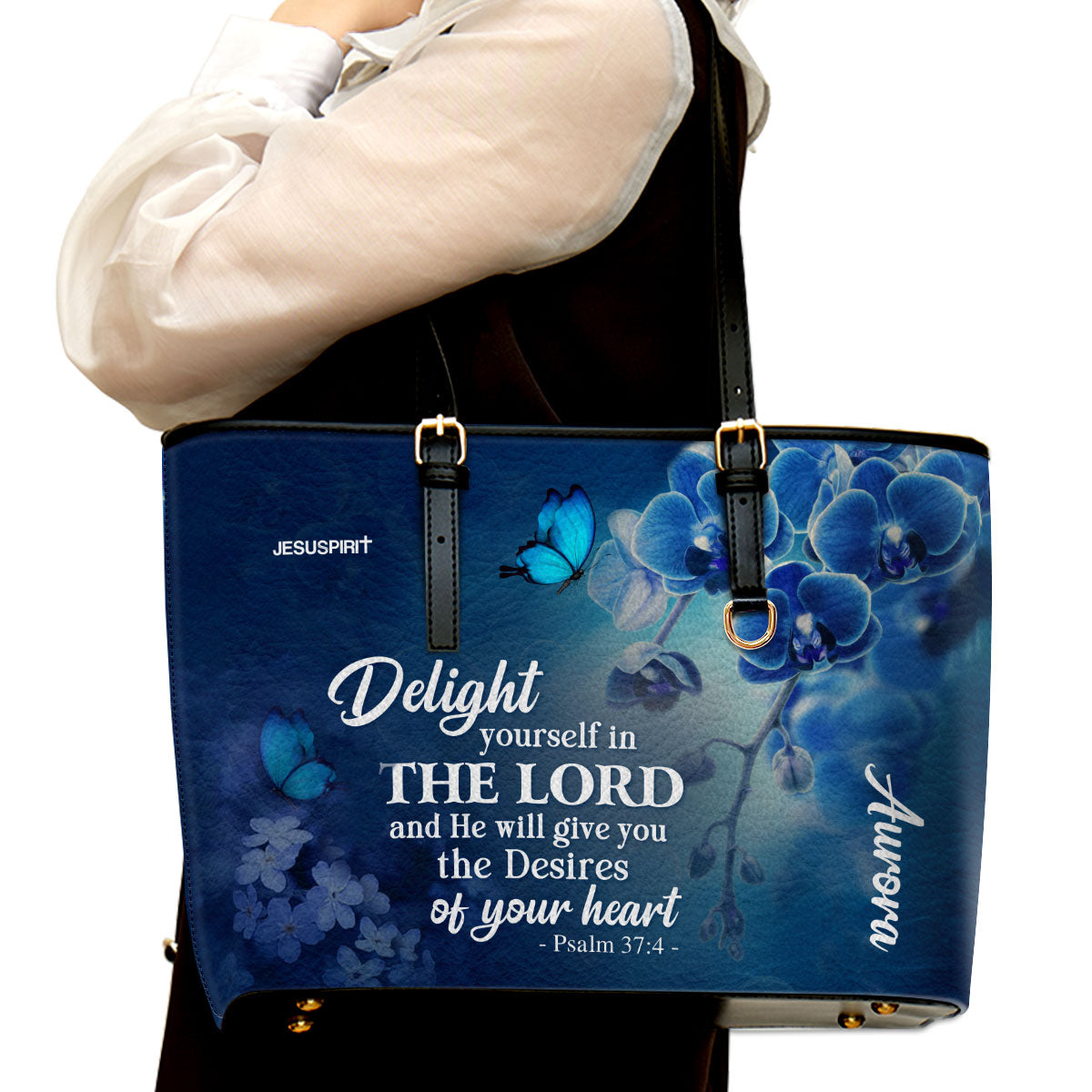 Jesuspirit | Delight Yourself In The Lord | Psalm 37:4 | Blue Orchids And Lilac | Personalized Large Leather Tote Bag LLTBH47