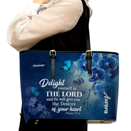 Jesuspirit | Delight Yourself In The Lord | Psalm 37:4 | Blue Orchids And Lilac | Personalized Large Leather Tote Bag LLTBH47
