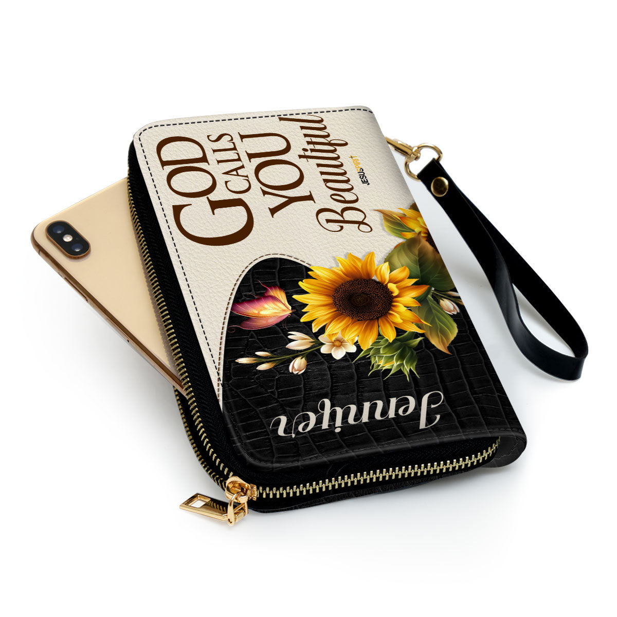 Jesuspirit | Personalized Zippered Leather Clutch Purse | God Calls You Beautiful | Christ Gifts For Women Of God | Sunflower & Butterfly CPH752