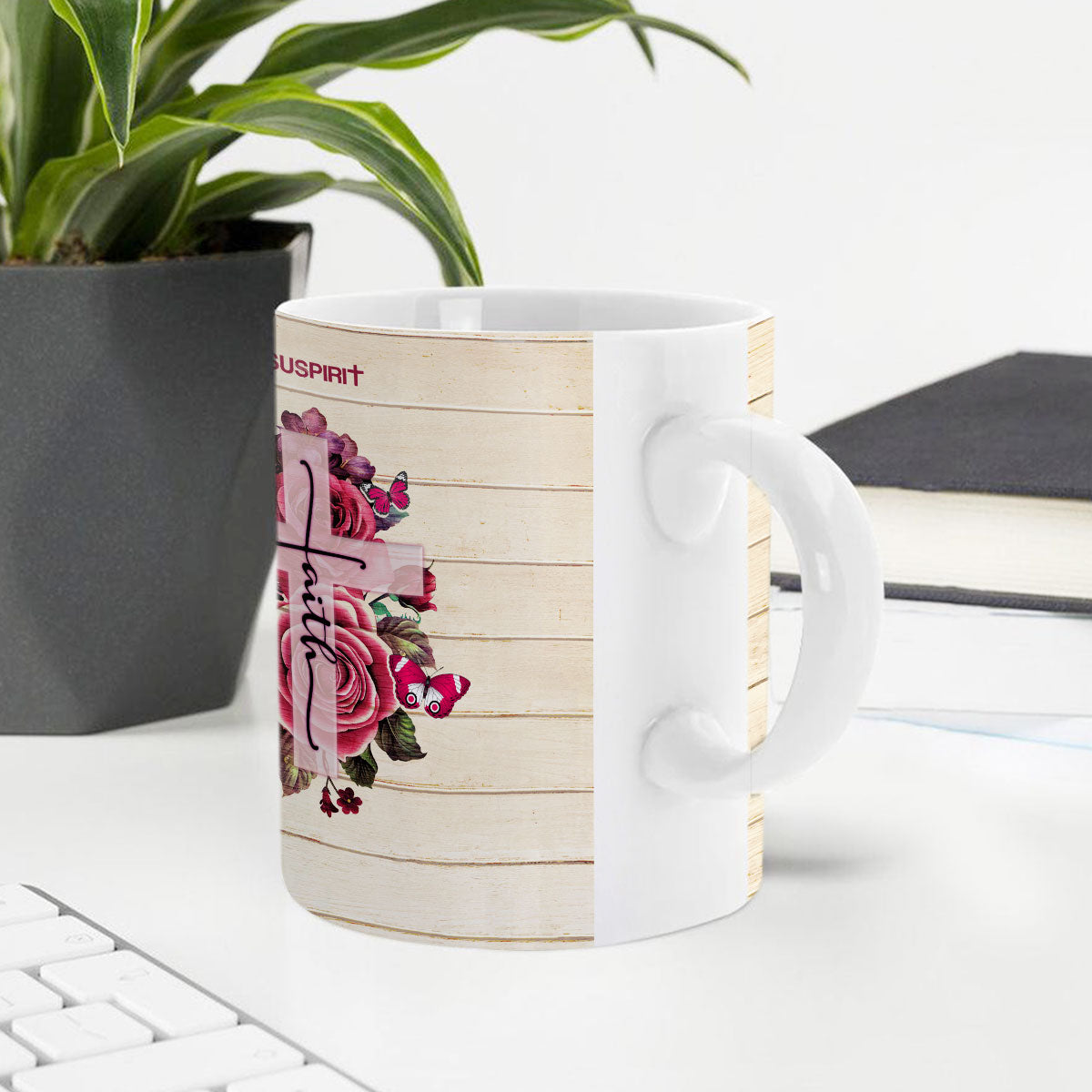 Jesuspirit | Whatever You Do Work At It With All Your Heart | Faith Cross & Rose | Personalized White Ceramic Mug HN135