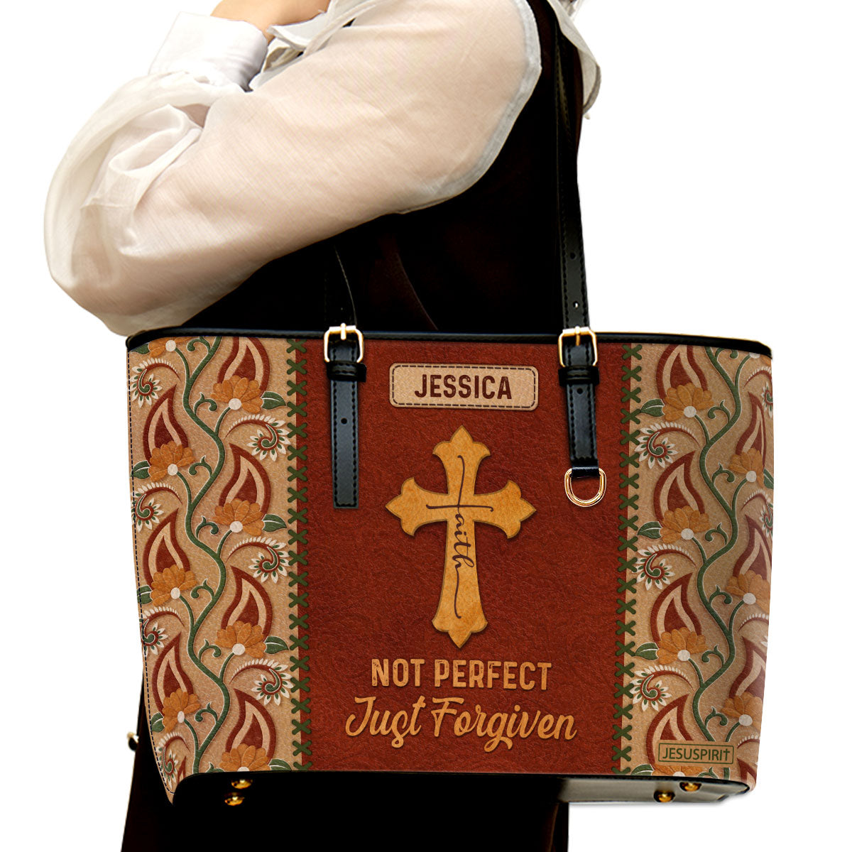Not Perfect Just Forgiven - Awesome Personalized Lion Large Leather Tote Bag NUHN367