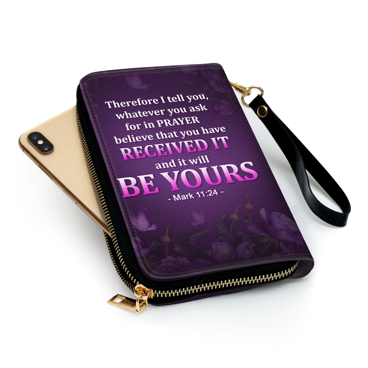 Jesuspirit | Christian Spiritual Gifts For Religious Women | Personalized Purple Zippered Leather Clutch Purse | Mark 11:24 | Believe That You Have Received It NUH485H