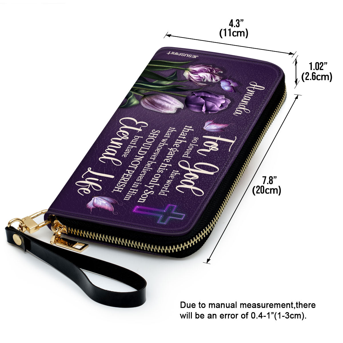 Jesuspirit | Personalized Leather Clutch Purse | For God So Loved The World | Tulip And Cross HN26