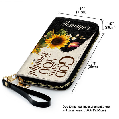 Jesuspirit | Personalized Zippered Leather Clutch Purse | God Calls You Beautiful | Christ Gifts For Women Of God | Sunflower & Butterfly CPH752