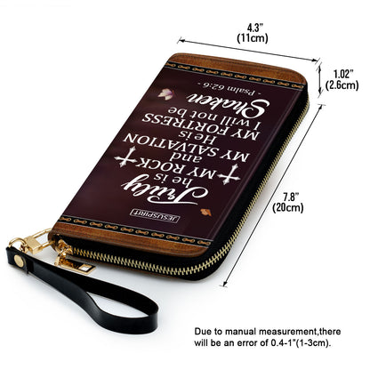 Jesuspirit | He Is My Fortress, I Will Not Be Shaken | Psalm 62:6 | Lion And Lamb | Gifts Scripture For Religious Women | Personalized Zippered Leather Clutch Purse NUM443C