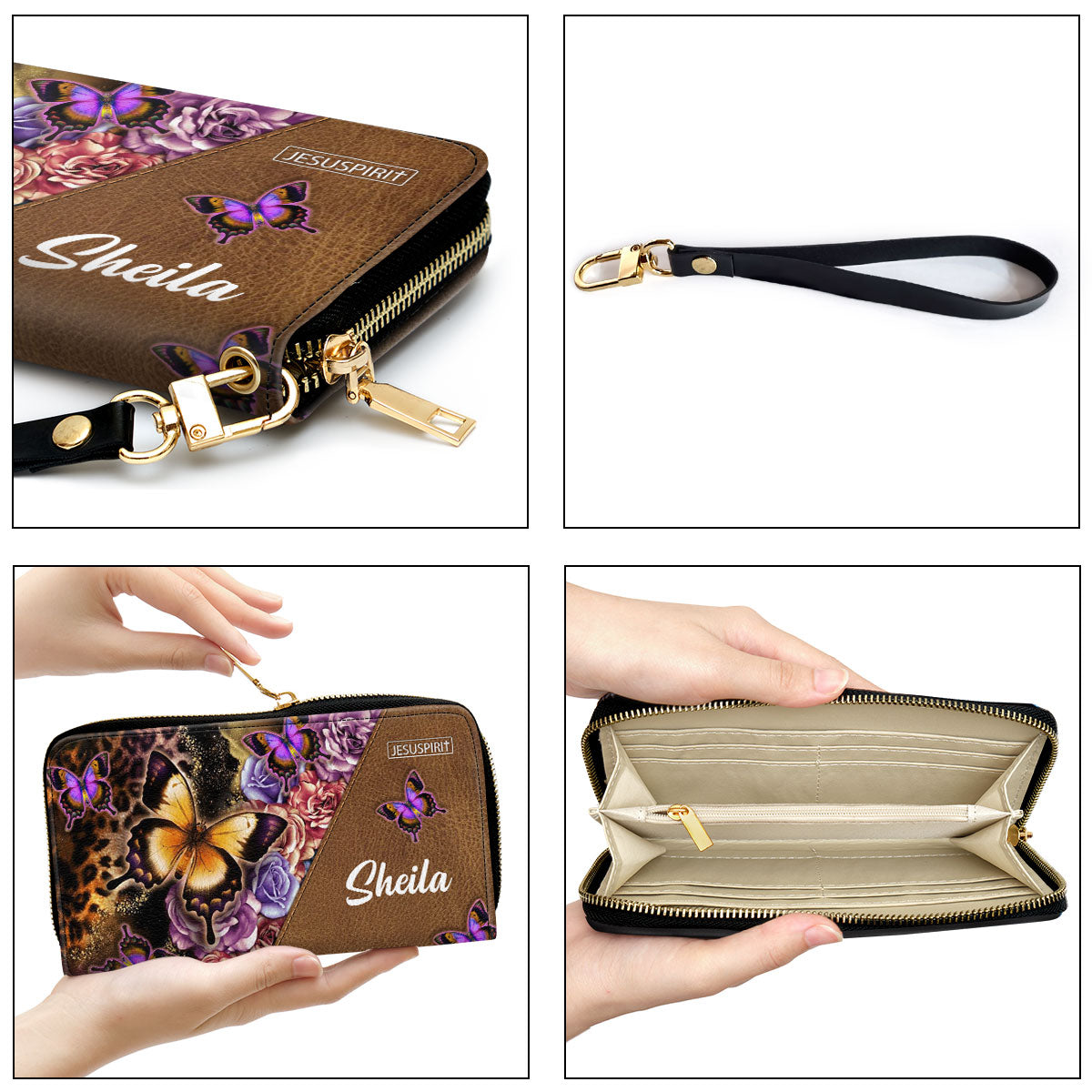 Jesuspirit | Christian Inspirational Gifts For Women | May The Lord Make His Face Shine On You | Numbers 6:24 | Personalized Butterfly Zippered Leather Clutch Purse NUH317H