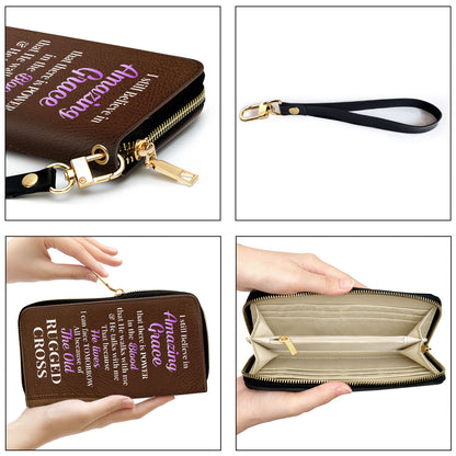 Jesuspirit | Personalized Zippered Leather Clutch Purse | I Still Believe In Amazing Grace | Faith Cross And Floral | Christ Gifts For Religious Women CP12H