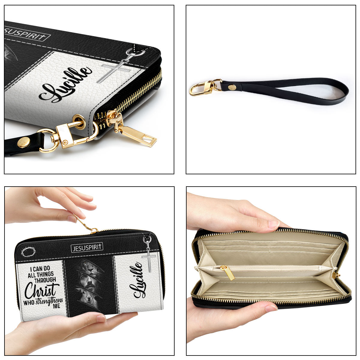 Jesuspirit | Lion And Jesus | I Can Do All Things Through Christ | Philippians 4:13 | Beautiful Personalized Leather Clutch Purse HIHN314