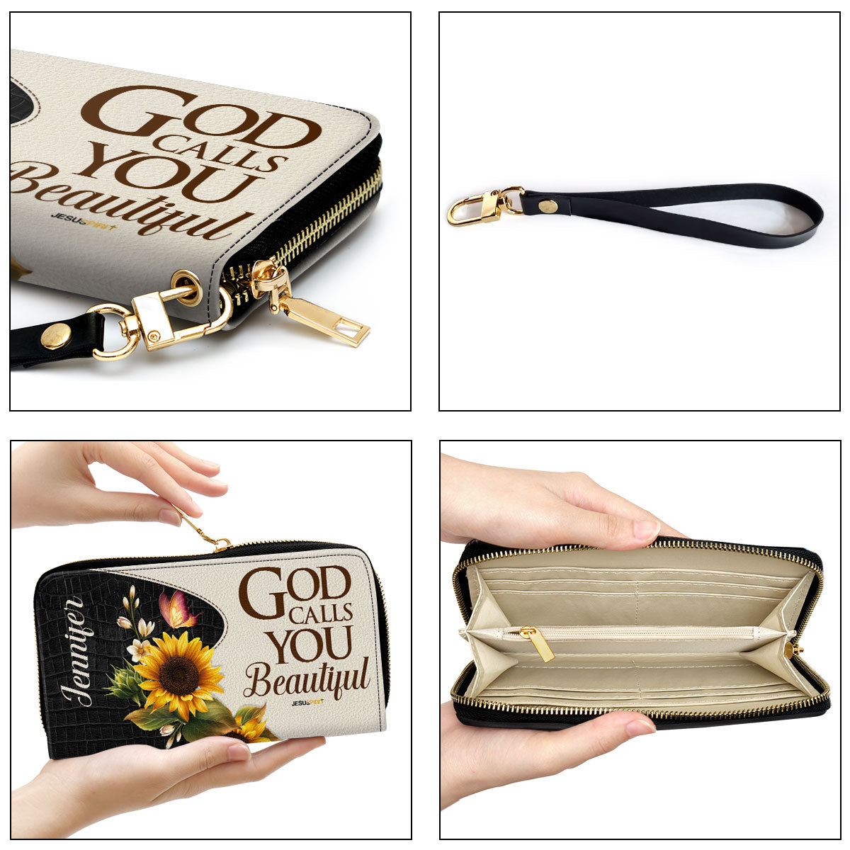 Jesuspirit | Personalized Zippered Leather Clutch Purse | God Calls You Beautiful | Christ Gifts For Women Of God | Sunflower & Butterfly CPH752