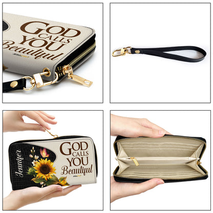 Jesuspirit | Personalized Zippered Leather Clutch Purse | God Calls You Beautiful | Christ Gifts For Women Of God | Sunflower & Butterfly CPH752