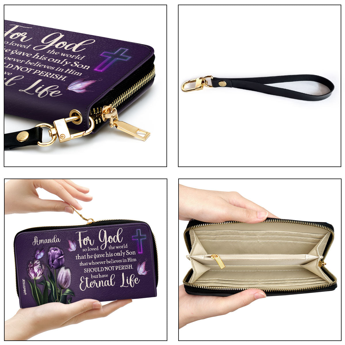 Jesuspirit | Personalized Leather Clutch Purse | For God So Loved The World | Tulip And Cross HN26