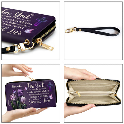 Jesuspirit | Personalized Leather Clutch Purse | For God So Loved The World | Tulip And Cross HN26