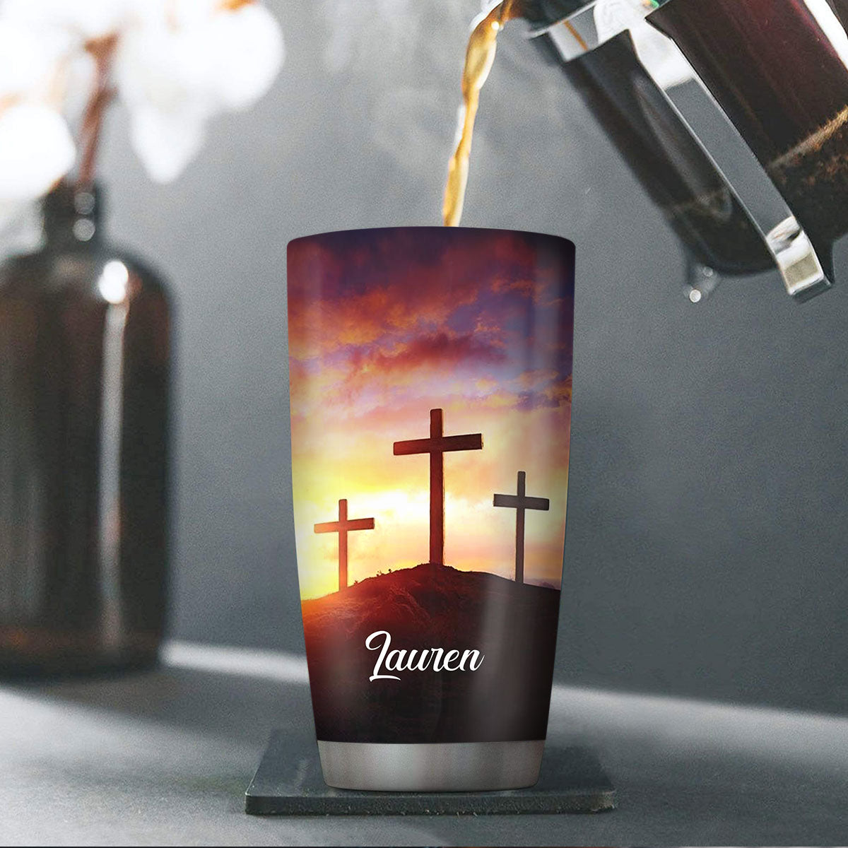Personalized Cross Stainless Steel Tumbler 20oz - I‘ll Cherish The Old Rugged Cross NUH320