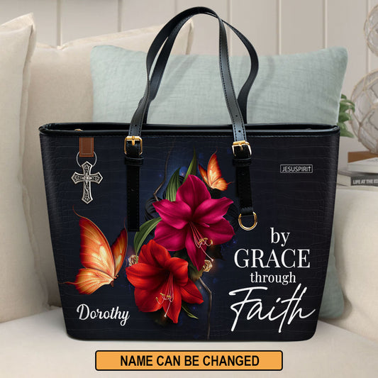 Pretty Personalized Large Leather Tote Bag - By Grace Through Faith H14