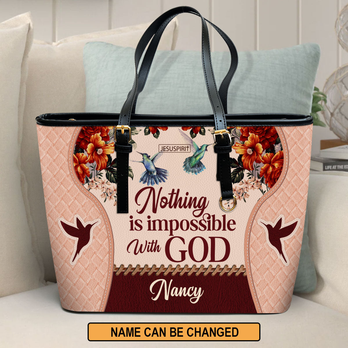Beautiful Personalized Large Leather Tote Bag - Nothing Is Impossible With God M04