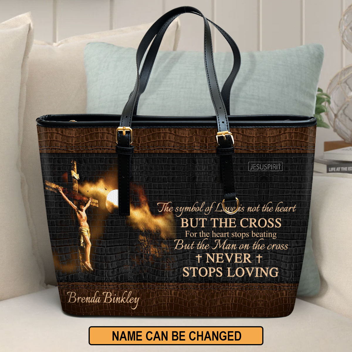 The Man On The Cross Never Stops Loving - Beautiful Personalized Large Leather Tote Bag NUH264