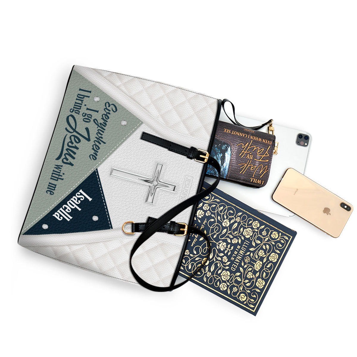 Everywhere I Go, I Bring Jesus With Me - Lovely Personalized Large Leather Tote Bag HHN370