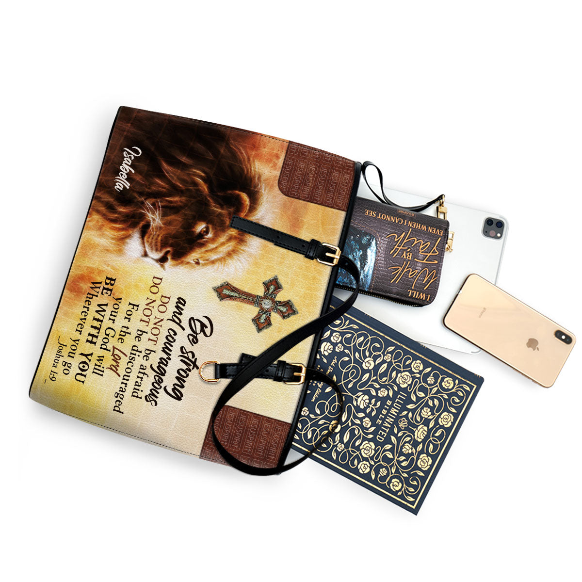 Be Strong And Courageous - Unique Personalized Large Leather Tote Bag NUHN304