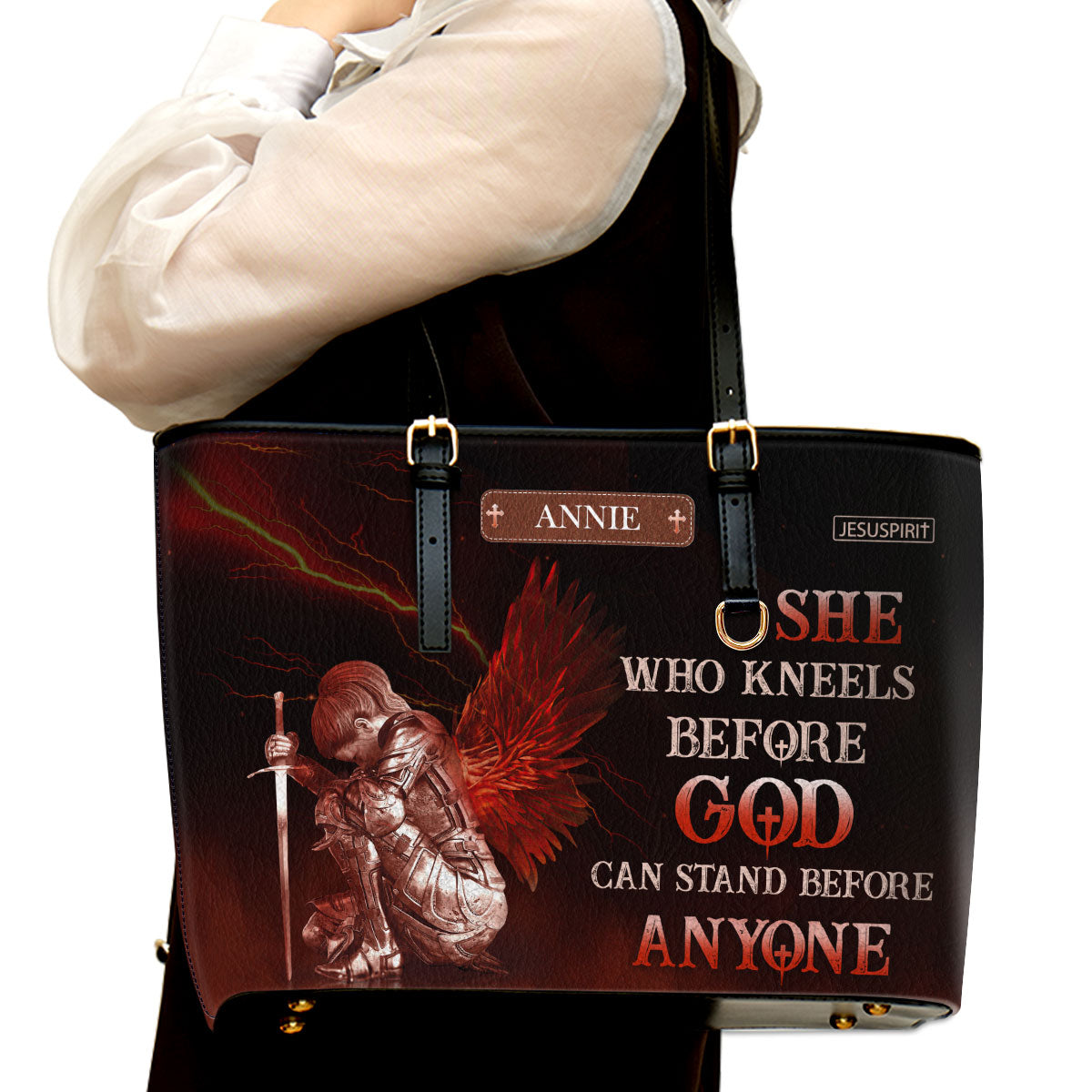 Personalized Large Leather Tote Bag - Who Kneels Before God Can Stand Before Anyone NUM381